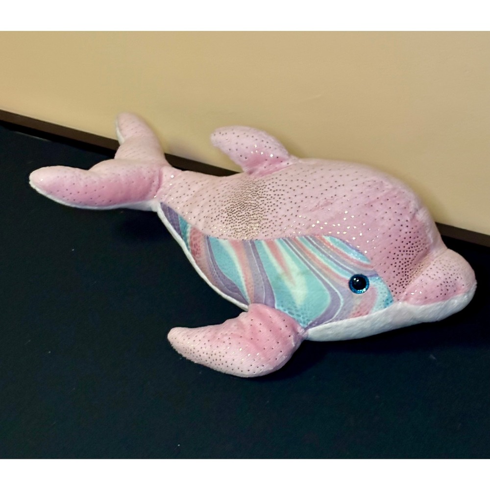 Destination Nation Pink Dolphin Plush Gold Glitter Swirl 15 Inch Stuffed Animal